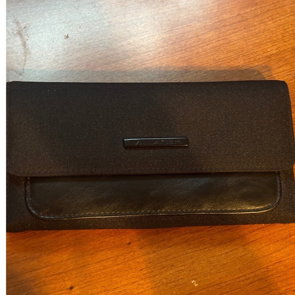 Villager Black Canvas Trifold Wallet with Faux Leather Trim and ID Window